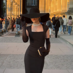 Black Square Neck Hip Wrap Dress With Gloves