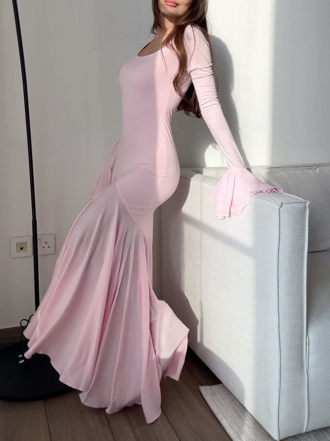 Solid Color Double Layer Ruffle Sleeves Maxi Dress - Image 3