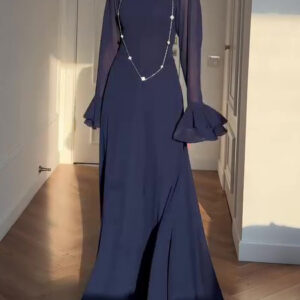 Navy Blue Trumpet Sleeve Tie Maxi Dress