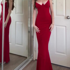 Red Sexy Tight V-neck Maxi Dress
