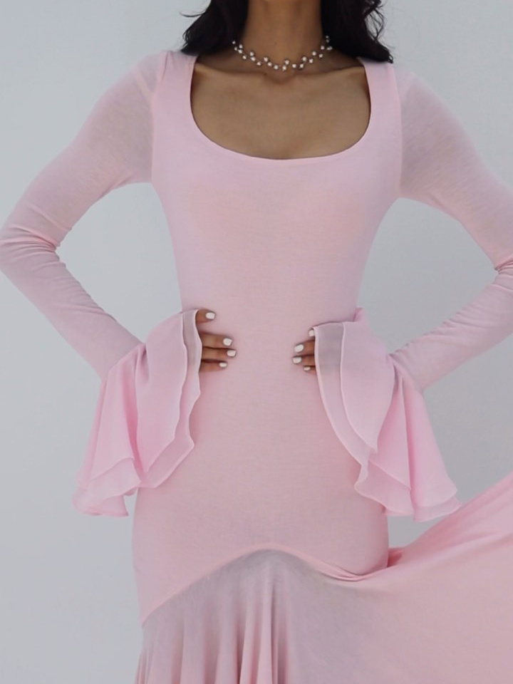 Solid Color Double Layer Ruffle Sleeves Maxi Dress - Image 2