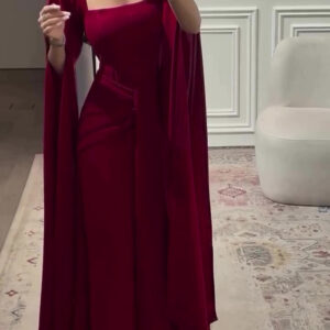Elegant Burgundy Square - Neck Cape  Maxi Dress