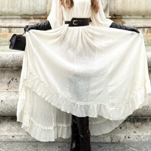 White Long-sleeved Ruffled Tie Dress