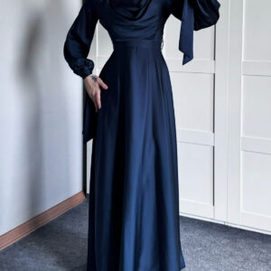 Satin Plunge Collar Long-Sleeve Strappy Maxi Dress