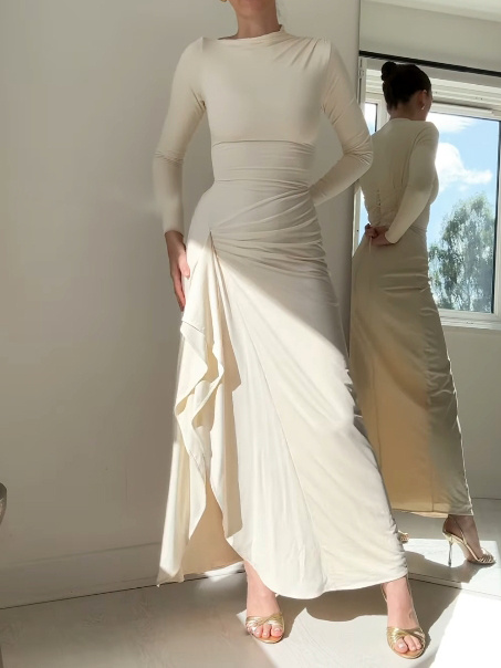 Solid Color Long Sleeve Pleated Dress - Image 2
