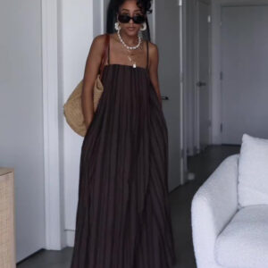 Brown Striped Suspender Pocket Loose Dress