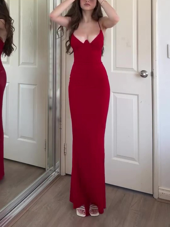 Red Sexy Tight V-neck Maxi Dress - Image 2