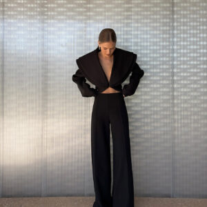 Solid Color Special Collar Short Blazer & High Waist Pants Set