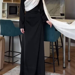 Contrast Color Scarf Waist Long Sleeve Maxi Dress