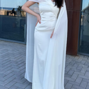 White Satin One - Shoulder Maxi Dress With Flowing Chiffon Cape