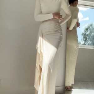 Solid Color Long Sleeve Pleated Dress