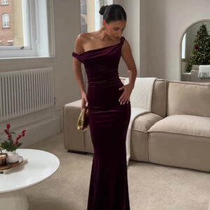 Burgundy Off-shoulder Velvet Fishtail Maxi Dress