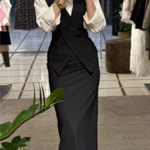 Striped Vest & High Waist Skirt Suit