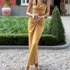 Solid Color Pleated Tube Top Skirt Suit
