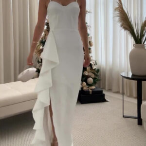 White Ruffled Slit Suspender Dress