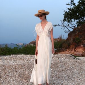 Pleated Deep V Wide Hem Dress