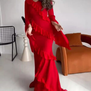 V-neck Bell-sleeved Ruffled Maxi Dress